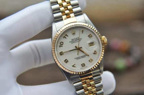 Đồng hồ Rolex 16233 mặt trắng cọc số học trò demi vàng 18k