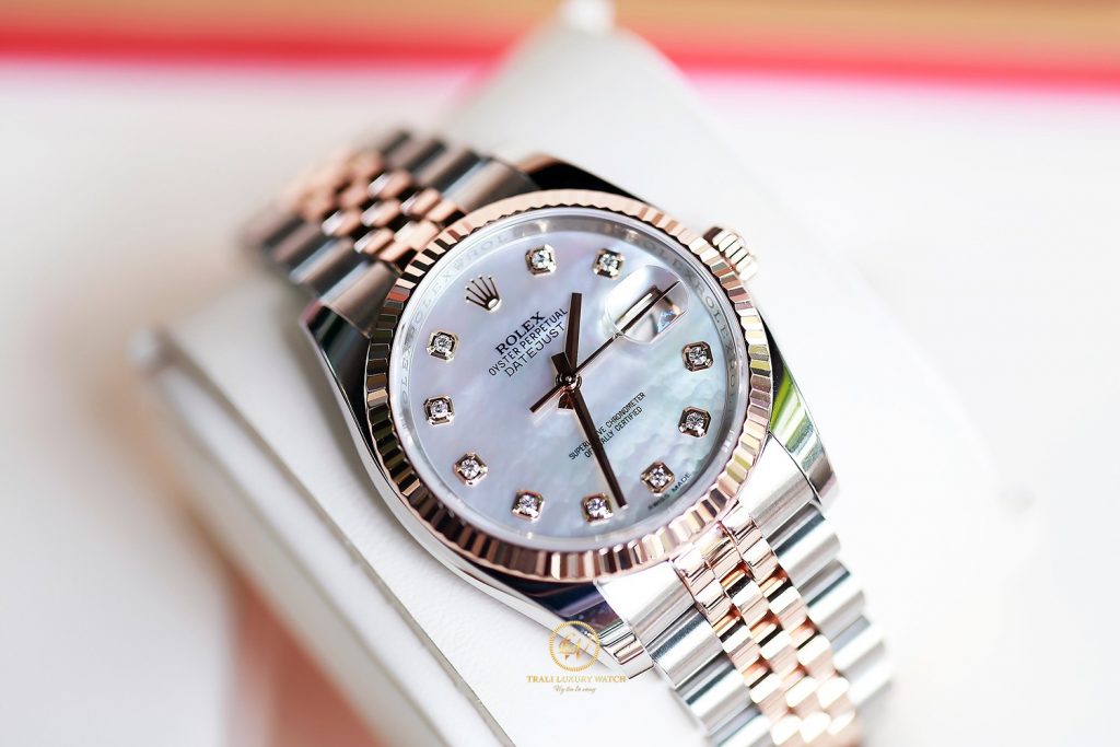 Chi tiết Đồng hồ Rolex Datejust 116231 mặt Mop trắng demi 18k vàng hồng size 36mm Lướt Fullbox
