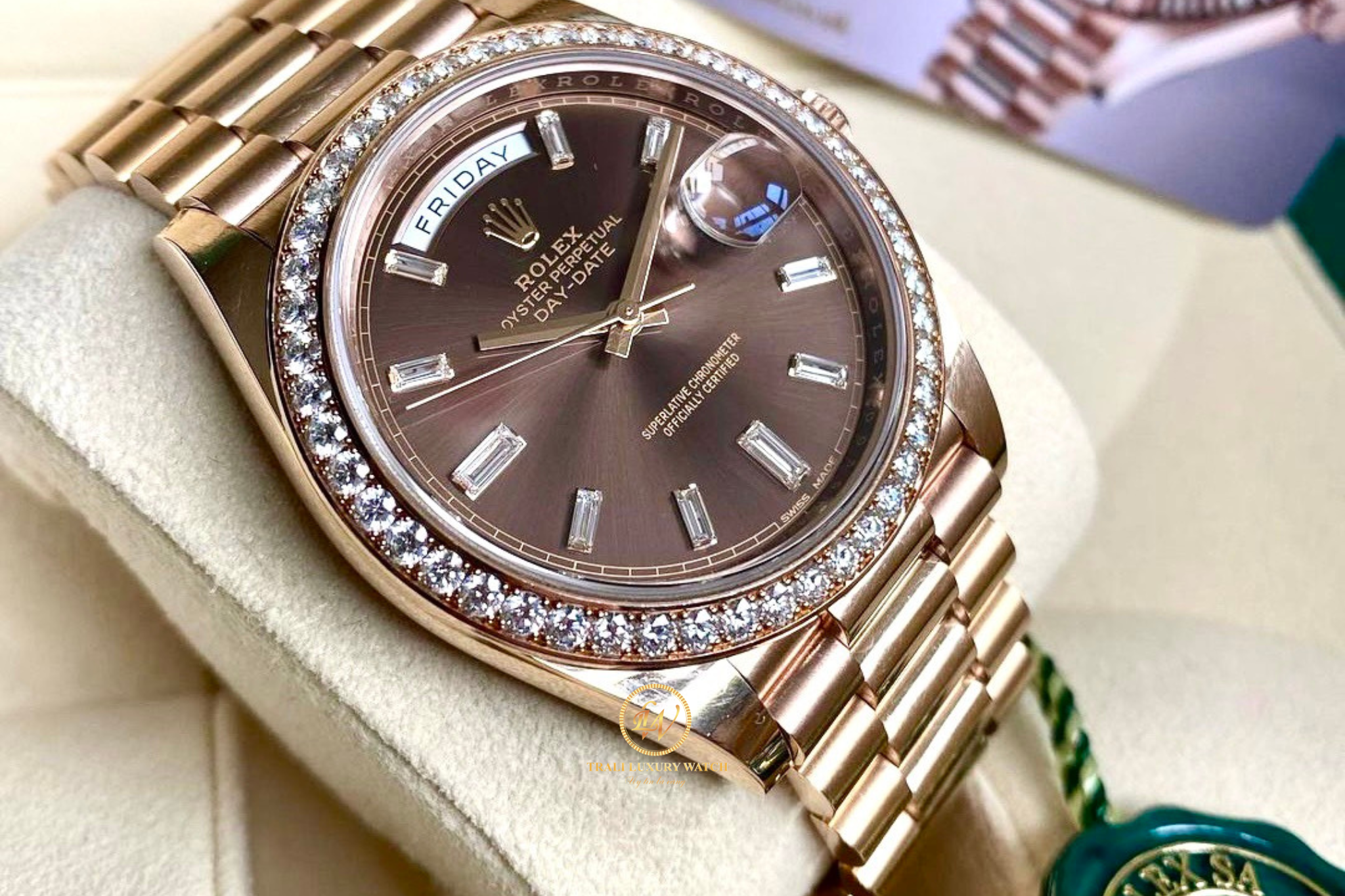 2 Đồng hồ nam Rolex Day-Date 228345RBR size 40mm mặt số Chocolate cọc kim cương - ảnh 3