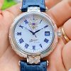 Đồng hồ Poljot President 222 bạc đúc chạm khắc, mặt trắng số La Mã và dây da xanh